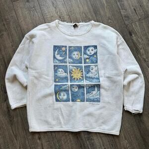 Vintage Cotton Waffle Knit Sun Moon Art Longsleeve Beach Shirt Sweater
